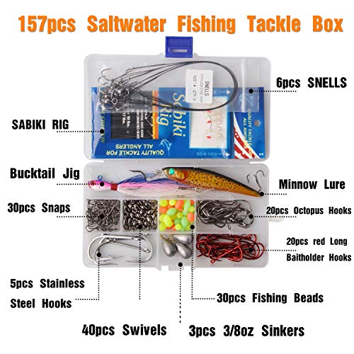 JSHANMEI Saltwater Surf Fishing Kit - 148pcs Tackle Box with Surf Fishing  Rigs, Saltwater Fishing Lures, Fish Hooks Wire Leader Swivels Sinker  Weights