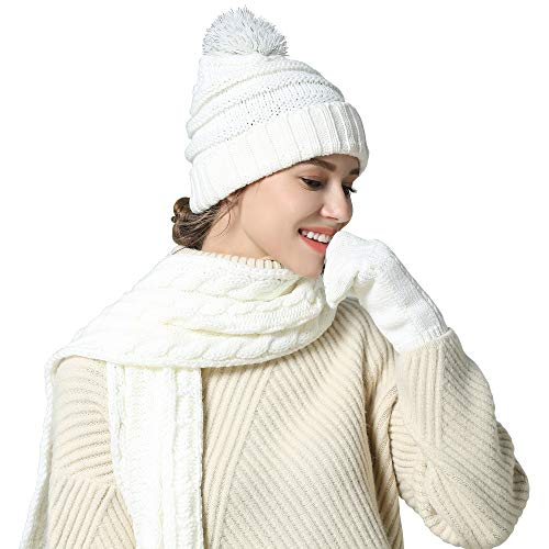 Hat Glove Scarf Set Women, 3 in 1 Beanie Hat and Scarf Winter Set Knit Warm Winter Gift Set for Women Girls (White)