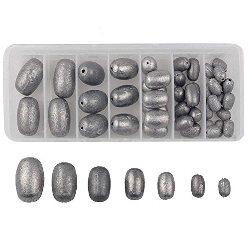 Assorted Egg Sinker Weights Kit - Assorted Sizes Saltwater Fishing Weights-Total 18.6OZ 42pcs Worm/Bell/Bass Casting Hollow Egg Sinkers Weights Kit