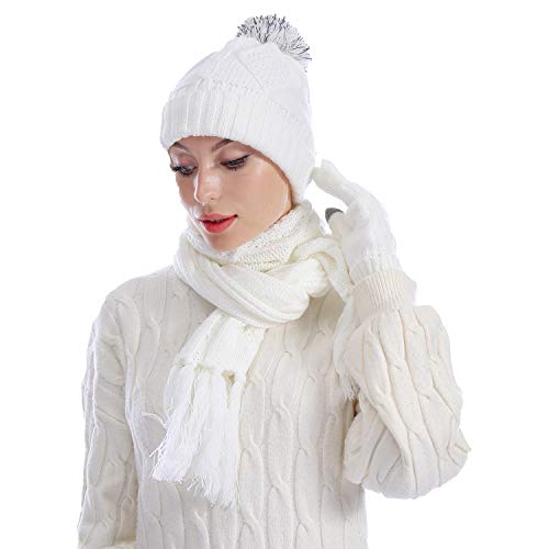 Hat Glove Scarf Set Women, 3 in 1 Beanie Hat and Scarf Winter Set Knit Warm Winter Gift Set for Women Girls (Cream)