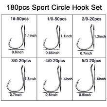 Load image into Gallery viewer, Offset Circle Fishing Hooks Kit - 180pcs 2X Strong Saltwater Freshwater Fish Hooks Sharp High Carbon Steel Octopus Fish Hooks, Size 1-5/0
