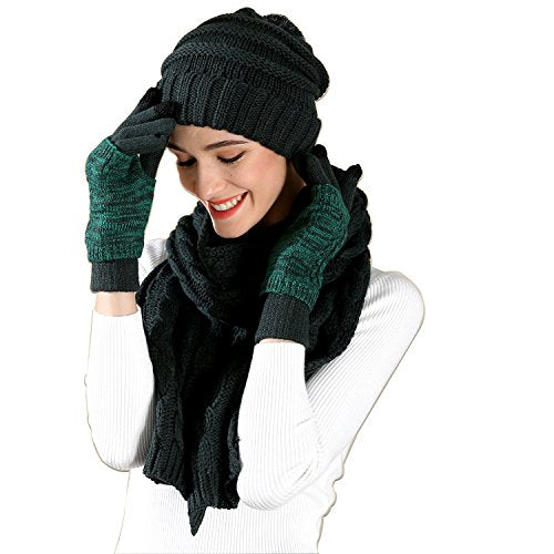Hat Glove Scarf Set Women, 3 in 1 Beanie Hat and Scarf Winter Set Knit Warm Winter Gift Set for Women Girls (Deep Green)