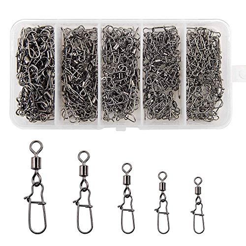 Shaddock Fishing 210pieces/box Fishing Swivel Snap Connectors Size 2 4 5 6 8 High-Strength Fishing Rolling Swivels with Nice Snaps Fishing Tackle Kit (100% Copper+Stainless Steel)