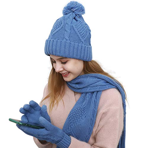 Warm Scarf Glove Hat Beanie Set - Cable Knit Winter Gift Set Pom Cap Touch Screen Glove Long Scarf 3 PCS Set for Women (Sky blue)