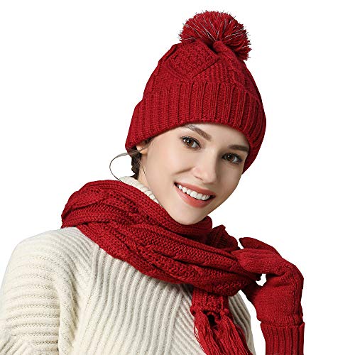 Hat Glove Scarf Set Women, 3 in 1 Beanie Hat and Scarf Winter Set Knit Warm Winter Gift Set for Women Girls (Carmine)