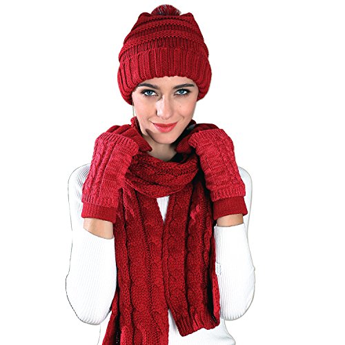 Hat Glove Scarf Set Women, 3 in 1 Beanie Hat and Scarf Winter Set Knit Warm Winter Gift Set for Women Girls (Wine Red)