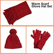 Load image into Gallery viewer, Hat Glove Scarf Set Women, 3 in 1 Beanie Hat and Scarf Winter Set Knit Warm Winter Gift Set for Women Girls (Carmine)
